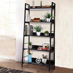 Himimi Industrial Ladder Shelf, 5-Tier Bookshelf, Storage Rack Shelves, Bathroom, Living Room, Wood Look Particle Board Furniture, Metal Frame, Classic Black