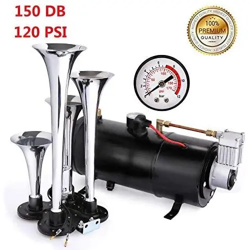 4 Air Horn Trumpet for Car Truck Train, 150DB Super Loud Train Horns kit for Trucks Van Boat, with 120 PSI 12V Compressor and Gauge 4 Air Horn Trumpet for Car Truck Train, 150DB Super Loud Train Horns kit for Trucks Van Boat, with 120 PSI 12V Compressor and Gauge