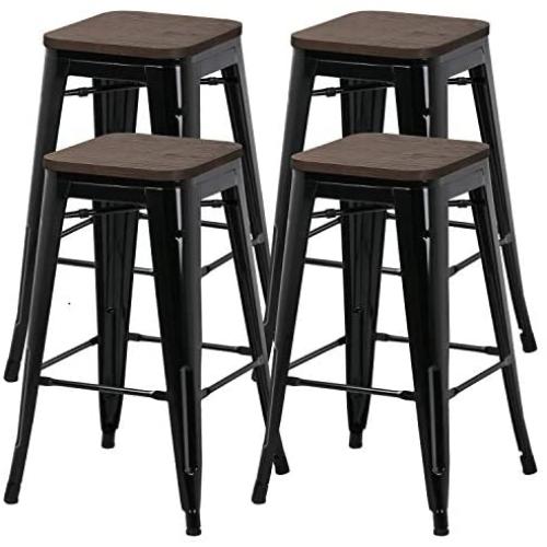 YAHEETECH 26inch barstools Set of 4 Counter Height Metal Bar Stools, Indoor Outdoor Stackable Bartool Industrial with Wood Seat 331Lb, Black