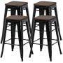 YAHEETECH 26inch barstools Set of 4 Counter Height Metal Bar Stools, Indoor Outdoor Stackable Bartool Industrial with Wood Seat 331Lb, Black
