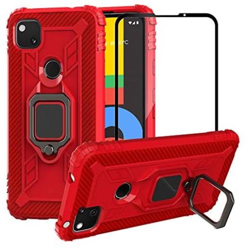 PULEN for Google Pixel 4a Case with Screen Protector[1 Pack],Hybrid Armor Metal Ring Holder Magnetic Car Mount,Full Body Shockproof Sturdy Bumper Protective Cover (Red)