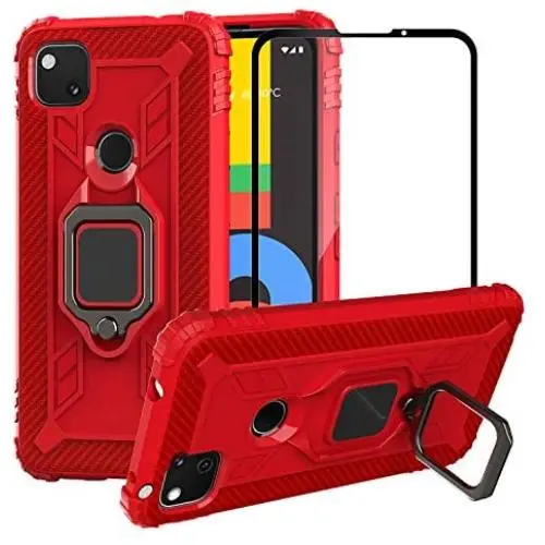 PULEN for Google Pixel 4a Case with Screen Protector[1 Pack],Hybrid Armor Metal Ring Holder Magnetic Car Mount,Full Body Shockproof Sturdy Bumper Protective Cover (Red)