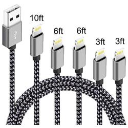 5Pack(3ft 3ft 6ft 6ft 10ft) iPhone Lightning Cable Apple Certified Braided Nylon Fast Charger Cable Compatible iPhone Max XS XR 8 Plus 7 Plus 6s 5s 5c Air iPad Mini iPod (Black Gray)