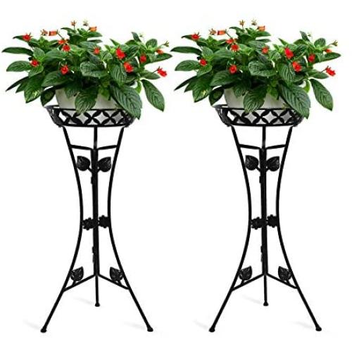 JzNova 2 Pack Metal Tall Plant Stand, Flower Pot Raised Holder, Iron Art Triangle Support Planter Holders, Outdoor & Indoor Elegant Corner Decorative Display Rack, Mordern Planter Container, Black