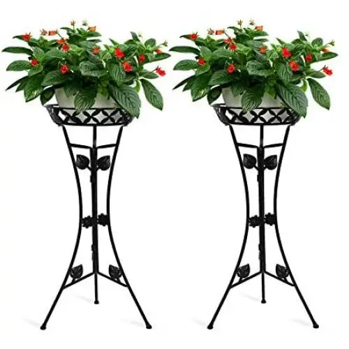 JzNova 2 Pack Metal Tall Plant Stand, Flower Pot Raised Holder, Iron Art Triangle Support Planter Holders, Outdoor & Indoor Elegant Corner Decorative Display Rack, Mordern Planter Container, Black