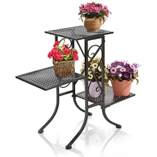Black Metal Scrollwork Design 3-Tier Plant Stand, Planter Pot Display Shelf Rack with Perforated Shelves Black Metal Scrollwork Design 3-Tier Plant Stand, Planter Pot Display Shelf Rack with Perforated Shelves
