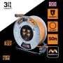 Masterplug Heavy Duty Metal Cord Reel with 4-120V 15amp Integrated Outlets and 12 Gauge High Visibility Cord (50ft)