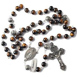 HanlinCC 8mm Tiger Eyes Beads with 10mm Metal Our Father Beads Rosary with Miraculous Center Piece and Cross with Leather Gift Box