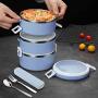 YBOBK HOME Stainless Steel Lunch Box Thermal Hot Leakproof Japanese Round Cylinder Triple Stackable Solid Bento Lunch Box with Insulated Bag and Portable Flatware Utensil Set for Adults (Blue)