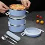 YBOBK HOME Stainless Steel Lunch Box Thermal Hot Leakproof Japanese Round Cylinder Triple Stackable Solid Bento Lunch Box with Insulated Bag and Portable Flatware Utensil Set for Adults (Blue)