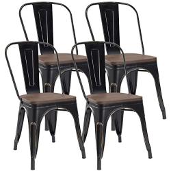 JUMMICO Metal Dining Chair Stackable Industrial Vintage Kitchen Chairs Indoor-Outdoor Bistro Cafe Side Chairs with Back and Wooden Seat Set of 4 (Gold Black)