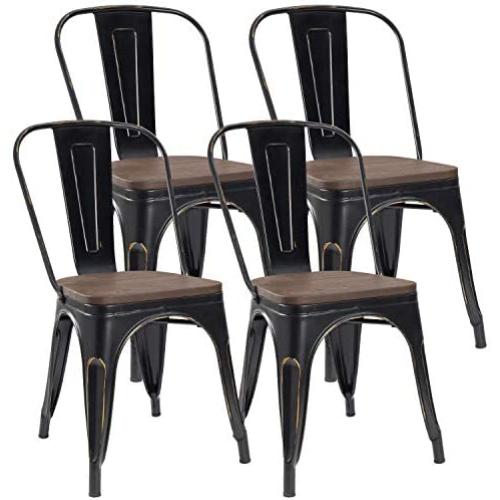 JUMMICO Metal Dining Chair Stackable Industrial Vintage Kitchen Chairs Indoor-Outdoor Bistro Cafe Side Chairs with Back and Wooden Seat Set of 4 (Gold Black)