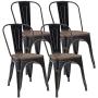 JUMMICO Metal Dining Chair Stackable Industrial Vintage Kitchen Chairs Indoor-Outdoor Bistro Cafe Side Chairs with Back and Wooden Seat Set of 4 (Gold Black)