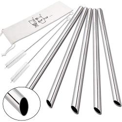 [Angled Tips] 5 Pcs 10'' Reusable Boba Straws & Smoothie Straws, 0.5'' Wide Stainless Steel Straws, Metal Straws for Bubble Tea / Tapioca Pearl, Milkshakes, Jumbo Drinks | 2 Cleaning Brushes & 1 Case