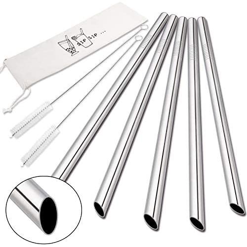 [Angled Tips] 5 Pcs 10'' Reusable Boba Straws & Smoothie Straws, 0.5'' Wide Stainless Steel Straws, Metal Straws for Bubble Tea / Tapioca Pearl, Milkshakes, Jumbo Drinks | 2 Cleaning Brushes & 1 Case
