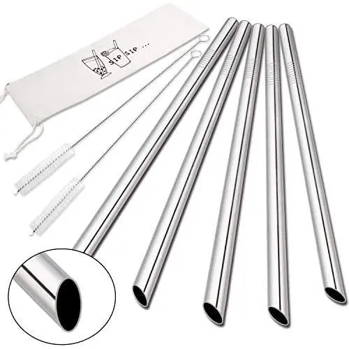 [Angled Tips] 5 Pcs 10'' Reusable Boba Straws & Smoothie Straws, 0.5'' Wide Stainless Steel Straws, Metal Straws for Bubble Tea / Tapioca Pearl, Milkshakes, Jumbo Drinks | 2 Cleaning Brushes & 1 Case