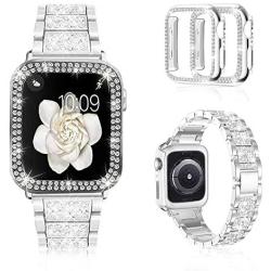 Mosonio Compatible with Apple Watch Band 38mm 40mm 42mm 44mm with Case Women, Jewelry Replacement Metal Wristband Strap with 2 Pack Bling PC Protective Cover for iWatch Series 6/5/4/3/2/1(Silver)