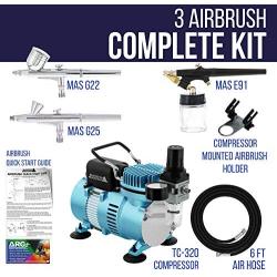 Master Airbrush Cool Runner II Dual Fan Air Compressor Airbrushing System Kit with 3 Professional Airbrush Sets, 0.2, 0.3 mm Gravity & 0.8 mm Siphon Feed - Hose, Holder, How To Airbrush Learning Guide