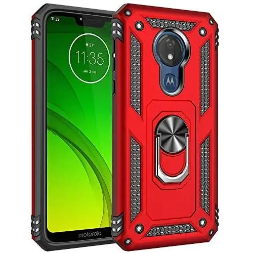Military Grade Drop Impact for Motorola Moto G7 Power Case Moto G7 Supra Case 360 Metal Rotating Ring Kickstand Holder Magnetic Car Mount Armor Shockproof Cover for Moto G7 Power Phone Case (Red)