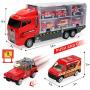 CUTE STONE 28 in 1 Fire Trucks Push and Go Car Carrier Truck Toy, Play Vehicles with Sounds and Lights, 10 Mini Diecast Trucks Included