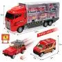 CUTE STONE 28 in 1 Fire Trucks Push and Go Car Carrier Truck Toy, Play Vehicles with Sounds and Lights, 10 Mini Diecast Trucks Included