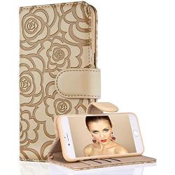 FLYEE Case Compatible with Galaxy S8(5.8 inch,Released in 2017),Wallet Case for Women and Girls with Card Holder,[Embossed Flower] Premium Flip PU Leather Protective Case with Wrist Strap -Beige