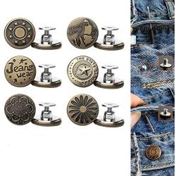 Jean Buttons Replacement No Sew Needed, 6 pcs Perfect Fit Instant Button to Extend or Reduce 1'' to Denim Pants Corduroy Skirt Skinny Jeans Jeggings, Easy Clip Snap Tack Metal Button in 6 Designs