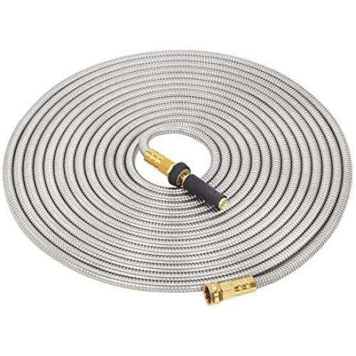 GRUNEN WOLKEN 50 FT 304 Stainless Steel Metal Garden Hose with Solid Brass Nozzle - Solid Metal Fittings and Newest Spray Nozzle, Lightweight, Kink Free, Durable and Easy to Store(50 FT)