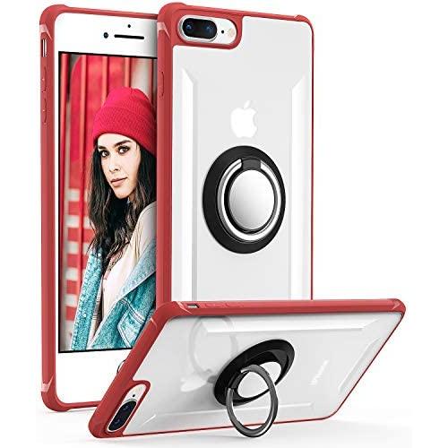 iPhone 7 Plus Case, Daupin Clear iPhone 8 Plus Case with 360 Rotatable Ring Kickstand Magnetic Metal Car Mount Hard PC Shockproof Protective Soft TPU Bumper Phone Case for iPhone 7/8 Plus (Red)