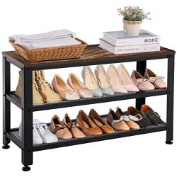 APICIZON Shoe Bench, Metal Shoe Rack Bench with 2 Mesh Shelves, Industrial Storage Bench for Entryway, Hallway, Mudroom, Rustic Brown, 31.5 Inch