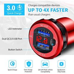 2-Pack Quick Charger 3.0 Dual USB Car Charger Socket with Voltmeter & Switch, Metal Waterproof 36W 12V Power Outlet Fast Charger for Car Boat Marine ATV Truck and More