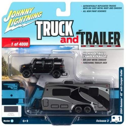 2004 Hummer H2 Black with Gunmetal Camper Trailer Limited Edition to 4,000 Pieces Worldwide Truck and Trailer Series 3 1/64 Diecast Model Car by Johnny Lightning JLSP037 A