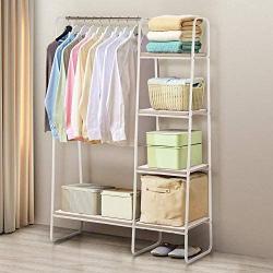 KINGSO Metal Garment Rack with Multi Wood Shelves, Multi-Functional Freestanding Storage Clothing Rack Easy Assembly, Heavy Duty Closet Organizer for Bedroom Entryway-White