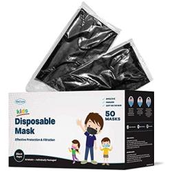 WeCare Kids Face Masks 50 Pack, Black, Individually Wrapped, Disposable, 3 Ply