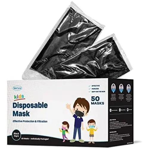 WeCare Kids Face Masks 50 Pack, Black, Individually Wrapped, Disposable, 3 Ply