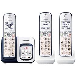 PANASONIC Expandable Cordless Phone System with Link2Cell Bluetooth, Voice Assistant, Answering Machine and Call Blocking - 3 Cordless Handsets - KX-TGD563A (Navy Blue/White)