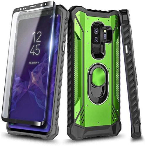 E-Began Case Compatible for Samsung Galaxy S9 Plus with Screen Protector (Maximum Coverage Flexible TPU Film), Aluminum Metal Built-in Magnetic Ring Holder, Full-Body Protective Military Case -Green