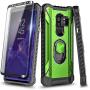 E-Began Case Compatible for Samsung Galaxy S9 Plus with Screen Protector (Maximum Coverage Flexible TPU Film), Aluminum Metal Built-in Magnetic Ring Holder, Full-Body Protective Military Case -Green