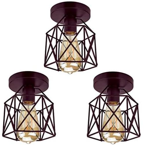 Tipace Industrial Vintage Semi-Flush Mount Ceiling Light, Rustic Metal Cage Close to Ceiling Light Fixture Brown for Hallway Stairway Bedroom Kitchen Farmhouse 3 Pack (Bulbs Not Included)
