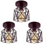 Tipace Industrial Vintage Semi-Flush Mount Ceiling Light, Rustic Metal Cage Close to Ceiling Light Fixture Brown for Hallway Stairway Bedroom Kitchen Farmhouse 3 Pack (Bulbs Not Included)