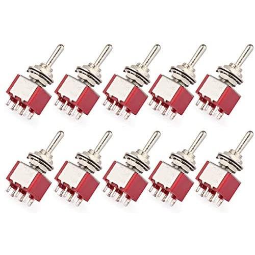 Clyxgs 10Pcs Rocker Toggle Switch ON-ON 6 Pins 2 Positions Metal Bat 3A 250V 5A 125V Red (Pack of 10)