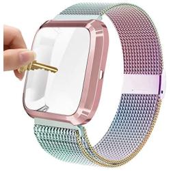 Maxjoy Compatible with Fitbit Versa Bands, Versa 2 Stainless Steel Metal Band Mesh Replacement Bracelet Wristband with Protective Case Compatible with Fitbit Versa 2 1 Watch, Colorful