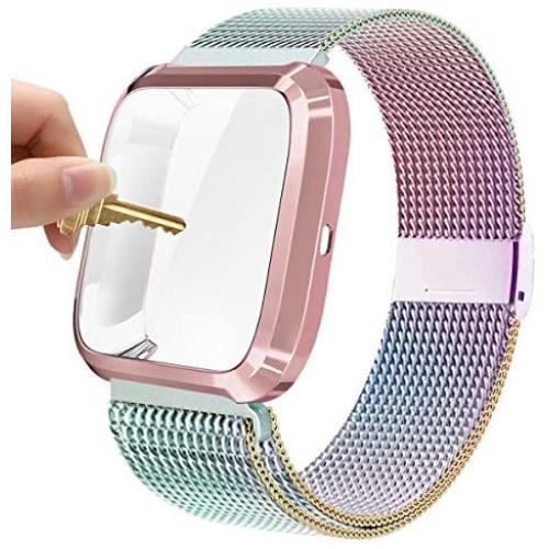 Maxjoy Compatible with Fitbit Versa Bands, Versa 2 Stainless Steel Metal Band Mesh Replacement Bracelet Wristband with Protective Case Compatible with Fitbit Versa 2 1 Watch, Colorful
