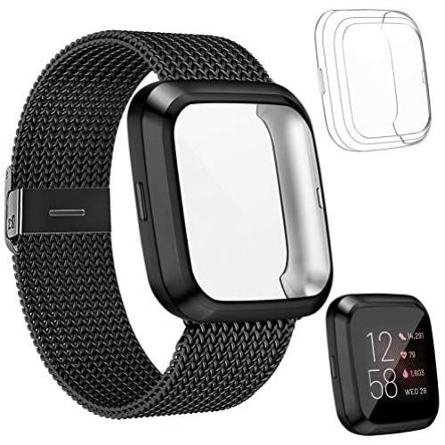 HAPAW Metal Bands Plus Screen Protector Case Compatible with Fitbit Versa 2, Stainless Steel Magnetic Mesh Strap Men Women Bracelet Wristbands Accessories with 2-Pack Bumper Cover for Versa 2 Smartwatch (Black, Small)