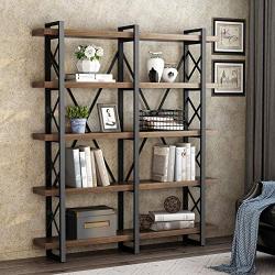 LITTLE TREE 5-Tier Double Wide Open Bookcase, Solid Wood Industrial Large Metal Bookcases Furniture, Vintage 5 Shelf Bookshelf Etagere Book Shelves for Home Office Decor Display, Retro Brown