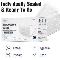 WeCare Disposable Face Mask Individually Wrapped - 50 Pack, White Masks 3 Ply