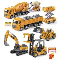 Construction Vehicles Truck Toys, Geyiie Kids Engineering Playset Metal Truck Head, Excavator Digger Bulldozer Forklift Trucks Trailer Cement Toys Gift for Toddlers Kids 3 4 5 6 Year Old Boy