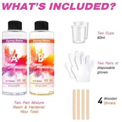 Epoxy Resin Crystal Clear Kit, 2 Part Crystal Clear Casting Resin for DIY Art Craft, Jewelry, Wood finishes, Tumblers, 16 Ounce Kit with Bonus Gloves, Measuring Cups and Sticks