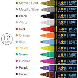 ARTarlei Permanent Paint Markers | Medium Point,Safe to Kids, 12 Vibrant Colors Oil-Based Paint Pens for Any Surface - Canvas, Glass, Stone,Ceramic,Metal, Wood, Rubber,Plastic, Paper, Leather, Clay