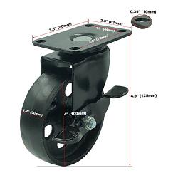 FactorDuty 4 All Black Metal Swivel Plate Caster Wheels w/Brake Lock Heavy Duty High-Gauge Steel (4'' with Brake)